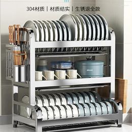 Kitchen Storage 304 Stainless Steel Dish Rack Bowl Drain Multi-functional Chopsticks Box Cupboard