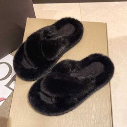 Slippers Slippers Womens fluffy fur slider womens 2024 autumn/winter new warm solid Colour Versatile cute casual shoes soft Cinelos Planos H240326RZUA