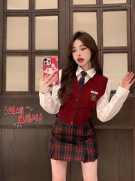 Work Dresses Korean Preppy Style Suit Women's Autumn Red Knitted Cardigan Tank Top Long-sleeve Shirt Plaid Mini Skirt Fashion Three-piece