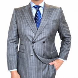 wedding Men's Suit Gray Stripe Blazer Sets Double Breasted Slim Fit Custome Homme Gentleman Elegant Tuxedo 2 PieceJacket+Pants Y7OC#
