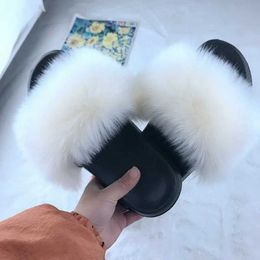 Slippers Slippers Fasion ome Outdoor Womens Fur Slide Soes Plus Fox Air Fluffy Sandals Winter Warmth H240326KJZL