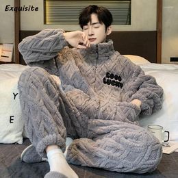 Men's Sleepwear Autumn Winter Pyjama Man Fashion Youth Coral Velvet Warm Zipper Stand Collar Pijama Two-piece Suit Mens Pyjamas