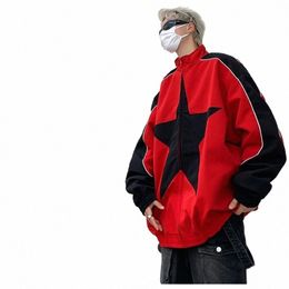 new Hip Hop Jacket Mens Patchwork Vintage Star Pattern Charge Coat Thin Couple Street Stand Collar Loose Zipper Windbreaker S0Q8#