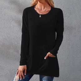 S5XL Size O Neck Long Sleeve Shirt Women Tops Fall Winter Black Casual Loose Solid Basic Woman T Shirts White with Pockets 240327