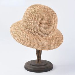 Natural Raffia Bucket Hat for Women Handmade Crochet Straw Ladies Spring Summer Designer Beach Sun Floppy Fisherman Cap 240318