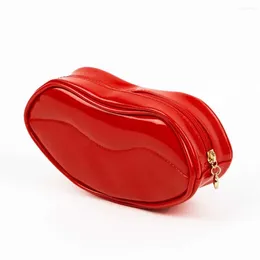 Cosmetic Bags Lipsticks For Women Patent Leather Cases Wash Pouch Red Lip Shape Storage Toiletry Bag Makeup