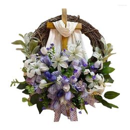 Decorative Flowers Easter Door Wreath Tulip Rustic Wreathwith Cross Front Bouquet Garland Sign For Spring Ornaments Party Decor