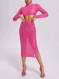 Work Dresses Sexy Mesh Transparent Sequin Top Midi Skirts Two Piece Set Women Rose Red Long Sleeve Beading Crop Suits Nightclub
