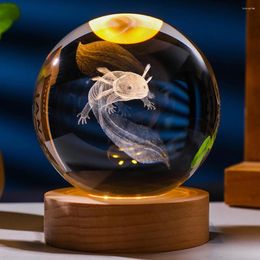 Decorative Figurines 3D Axolotl Engraved Crystal Ball With Wooden Base Lamp Birthday Gift For Friends
