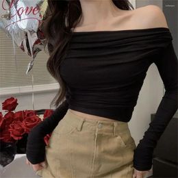Women's Blouses Sexy Off Shoulder T-Shirt Women Korean Long Sleeve Lady Slim Fit Tops Woman Casual Streetwear Solid 2024 Spring