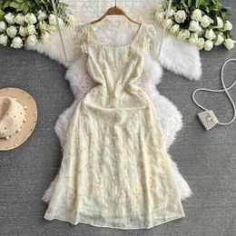 Casual Dresses Elegant Women Summer Dress Chic Embroidery Slim Waist Flying Sleeve A-Line Vestidos Female Outfit Long Strap Frocks