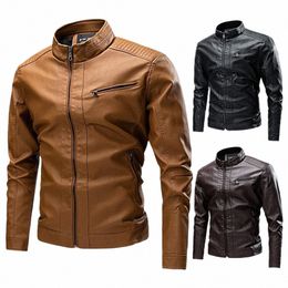 men's Stand Collar Leather Jacket Motorcycle Lightweight Faux Leather Outwear Racing Jackets Motocross Z2tA#