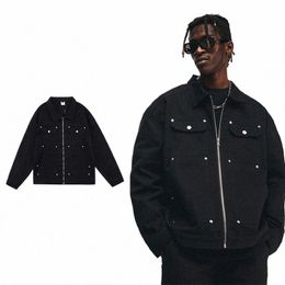 american Style High Street Metal Stud Denim Jacket Men's Brand Retro Hip-hop Wed Loose Zipper Crock Jacket Men's J8BJ#