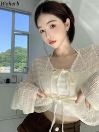 Women's Knits 2024 Summer Vintage Sweet Hollow Out Cropped Cardigan Knitted Thin Sweater Jackets Women Bandage V-neck All Match Sueter Mujer