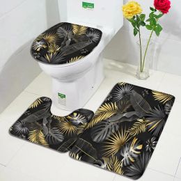 Mats Tropical Plant Bath Mat Set Gold Black Leaves Monstera Palm Leaf Modern Home Carpet Bathroom Decor NonSlip Rug Toilet Lid Cover