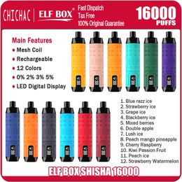 Elf Box Shisha 16000 Puffs Disposable Vape Puff 16k Digital Display Mesh Coil Rechargeable E Cigarettes 0% 2% 3% 5% Vaper vs 15k 15000 12k 12000 AL Fakher Crown Bar 8000