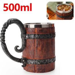 Mugs 1pcs Wood Style Beer Mug Simulation Wooden Barrel Cup Double Wall Drinking Metal Insulated 500ml Bar Game