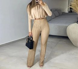 Women's Two Piece Pants 2024 Selling Casual Round Neck Short Sleeve Bottom Shirt Pressed Pleated High Waist Set