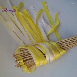 Party Decoration Arrived50pcs/lot Yellow And White Wedding Ribbon Stick Wands With Gold Bell For