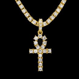 Ankh egípcio chave da vida colares masculino gelado bling cristal cruz pingente ouro prata tênis corrente para mulher rapper hip hop je265k