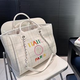 Fransız Bayan Tasarımcı Tuval Nakış Renkli Mektup Plaj Alışveriş Omuz Çantaları Deauville debriyajı Zincir SHW Crossbody Omuz Çantaları 38x30cm