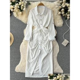 Basic Casual Dresses Foamlina Fashion Women White Shirt Dress Spring Autumn Turn-Down Collar 3/4 Sleeve Buttons Sash Lace-Up Female Dr Otybo