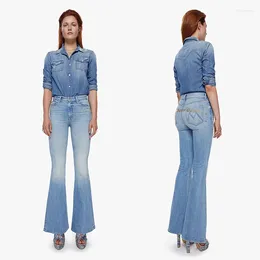 Women's Jeans IOO 23 Summer Blue Soft Super Stretch Thin Flared Pants Glitter Personality Unique Print Denim High Quality Free Ship