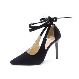 Ladies Sandals Black Suede High Heels Womens Fashion New Sexy Goddess Shallow Slippers with Pointed Side Empty Shoes for Woman A031