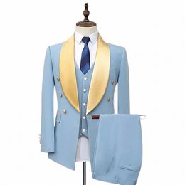 light Sky Blue Men's Suit Double Breasted Male Blazer Sets Tuxedos Shawl Lapel Wedding Groom Wear With Vest Jacket And Pants s3zL#