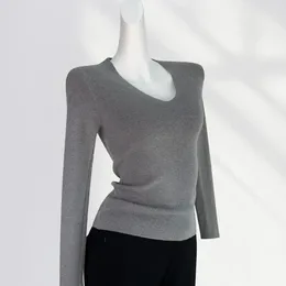 Women's T Shirts V Neck Long Sleeved Knitwear Spring Black Inner Bottoming Sweater Thin Slim Tops