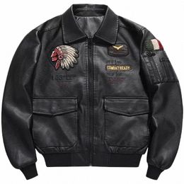 autumn Winter Men Motorcycle Leather Jacket Lapel Vintage Embroidery Locomotive Jackets PU Biker Coat Streetwear Male O6kJ#