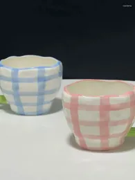 Mugs Hand Drawn Three-dimensional Tulip Handle Mug Pink Blue Chequered Ceramic Cup Creative Held Flower Coffee