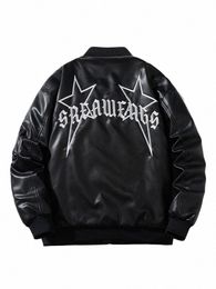 mens Leather Jacket Letter Star Embroidery Biker Jacket Men Winter Motorcycle Coat Hip Hop Thick Warm Windbreak High Street 2023 42bY#