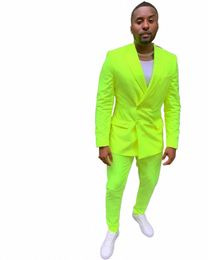 new Fluorescent Green Men Suits Tuxedo Groom Wear Wedding Costume Homme 2PCS Peak Lapel Slim Fit Terno MasculinoJacket+Pants x7bS#