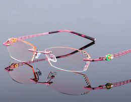 High Clear Anti Reflective Rhinestone Reading Glasses Women Pink Eyeglasses Diamond Cutting Rimless Presbyopic Eyewear New5425460