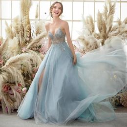 Luxury Evening Pageant Dress 2024 Spaghetti Strap Side Slit Appliques Beads Sequined Tulle Prom Party Gowns Robe De Soiree