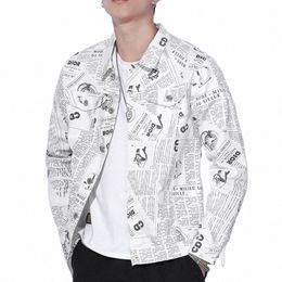 spring New Fi Loose Persality Men's Denim Jacket Small Fresh Letters Printing Slim White Soft All-match Lg-Sleeved u8mw#