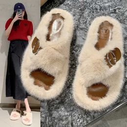 Slippers Slippers Warm Fluffy WomenS Plus Comfortable Belt Buckle Faux Fur Cross Indoor Floor Flat Soft Shoes H24032646UV