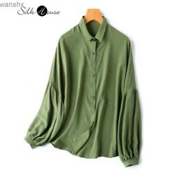 Women's Blouses Shirts 2024 Womens Fashion New 100% Natural Mulberry Silk 04 Crepe De China Small Square Neck Lantern Sleeves Loose Olive Green ShirtL240328