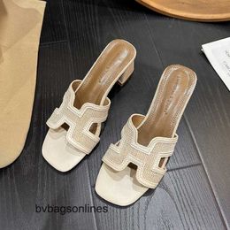 Designer Slippers Trendy brand sandals womens thick heels 2024 summer new one line heelless Summer dress with high 6TS1