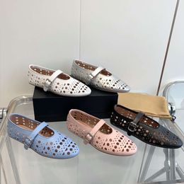 dance shoes ballet flats designer shoe hollowed out mesh sandal round head rhinestone rivet buckle mary jane shoes for women 545