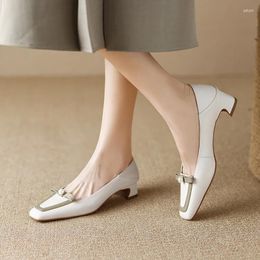 Dress Shoes Large Size Beige Sheepskin Square-headed Bow Middle Heel Women's Pearl Thick