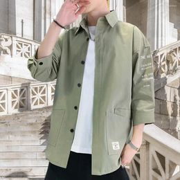 Men's Casual Shirts Men Summer Loose Shirt Japanese Style Cargo Coat With Turn-down Collar Three Quarter Sleeves Pockets Soft