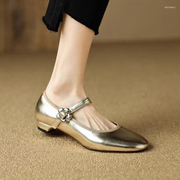 Casual Shoes Spring/Autumn Women Pumps Split Leather For Round Toe Low Heel Soft Mary Janes Silver Buckle