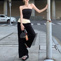 2024 Spring Streetwear Contrast Colour Patchwork Pleated Casual Wide Leg Pants Women Sexy Camisole Two-Piece Suit240327