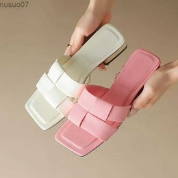 Sandals Square Toe Pink Woven Design Womens Slide Casual Light White Summer Shoes Square Flats Outdoor Footwear Beach Slide 2023L2403