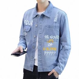 denim Jackets Man Blue with Print Overcoat Jeans Coat for Men Letter Winter Outerwear in Lowest Price Fast Deery Outwear Loose S07m#