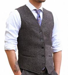 men's Wool Herringbe Tweed Wedding Groom Vest Modem Slim Groomsman Clothing Men's Suit Vest A7H5#