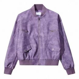 baseball Leather Jacket Men Women Tie Dyed Purple American Style Bomber Outwear High Street Motorcycle Loose Pu Jackets New n67q#