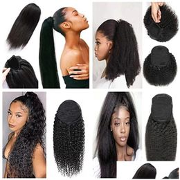 Ponytails Dstring Human Hair Ponytail 10A Natural Black Afro Kinky Curly Extension For Women 100% Virgin Brazilian Clip In Drop Delive Oth6R